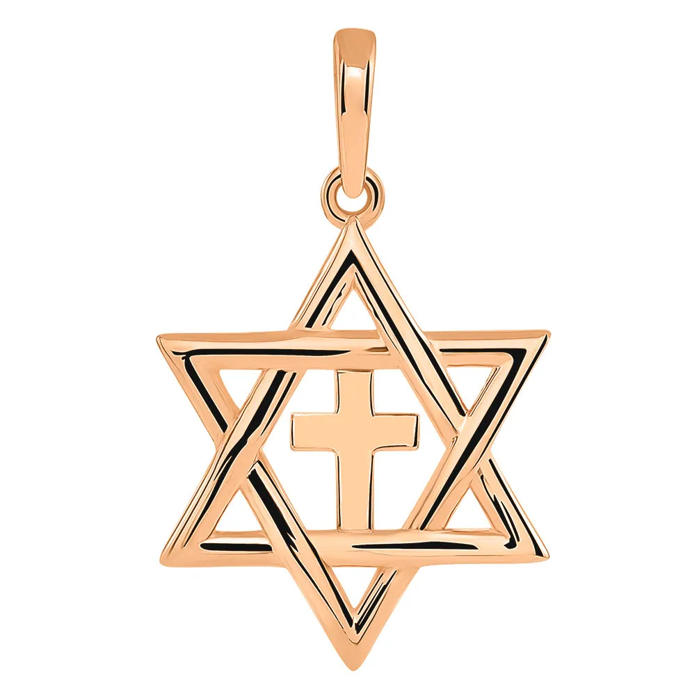 14k Rose Gold Jewish Star of David with Religious Cross Judeo Christian Pendant (Small)