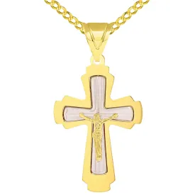 14k Solid Two Tone Gold Roman Catholic Cross Crucifix Pendant with Cuban Chain Necklace