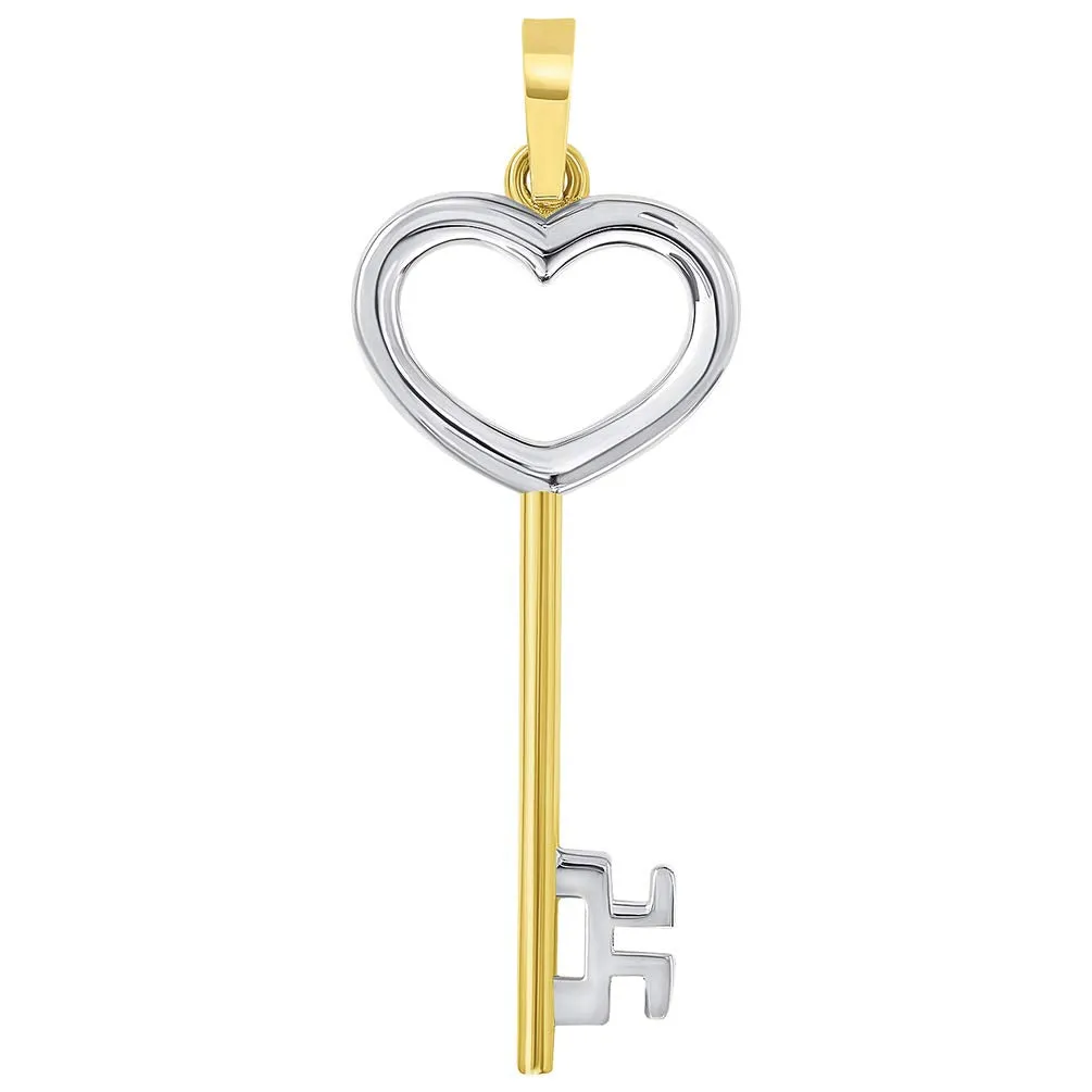 14k Solid Yellow Gold 3D Two Tone Open Heart Shaped Love Key Pendant Necklace