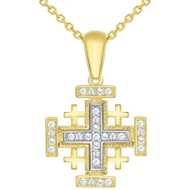 14k Solid Yellow Gold CZ Crusaders Jerusalem Cross Pendant Necklace Available with Rolo, Curb, or Figaro Chain