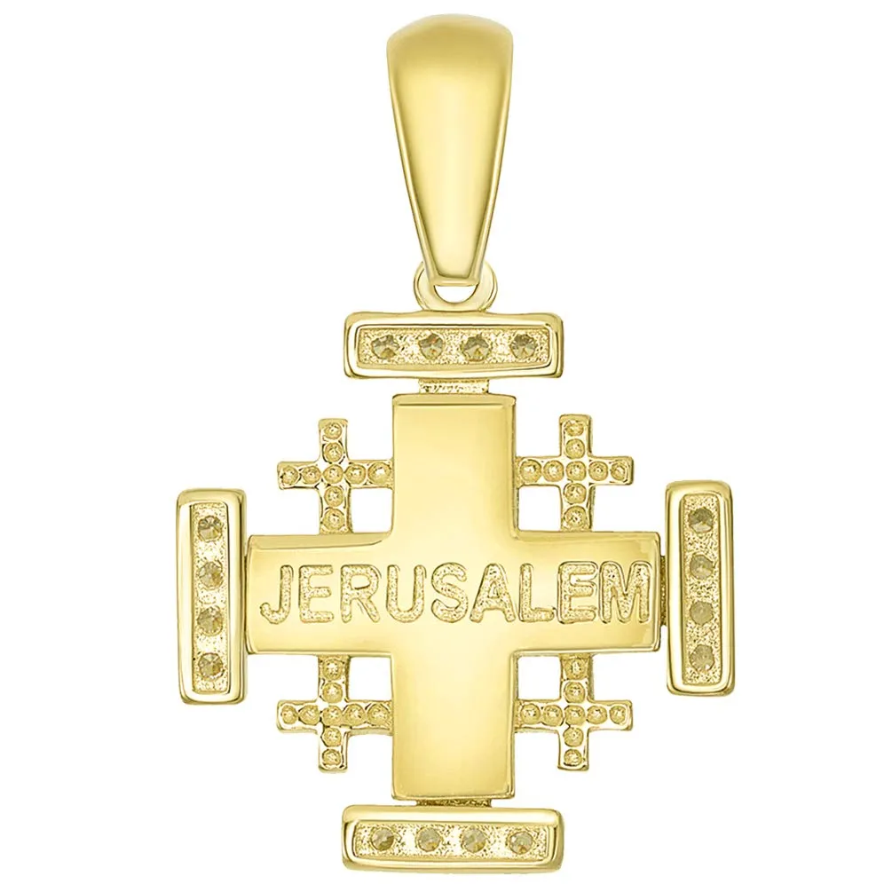 14k Solid Yellow Gold CZ Crusaders Jerusalem Cross Pendant Necklace Available with Rolo, Curb, or Figaro Chain