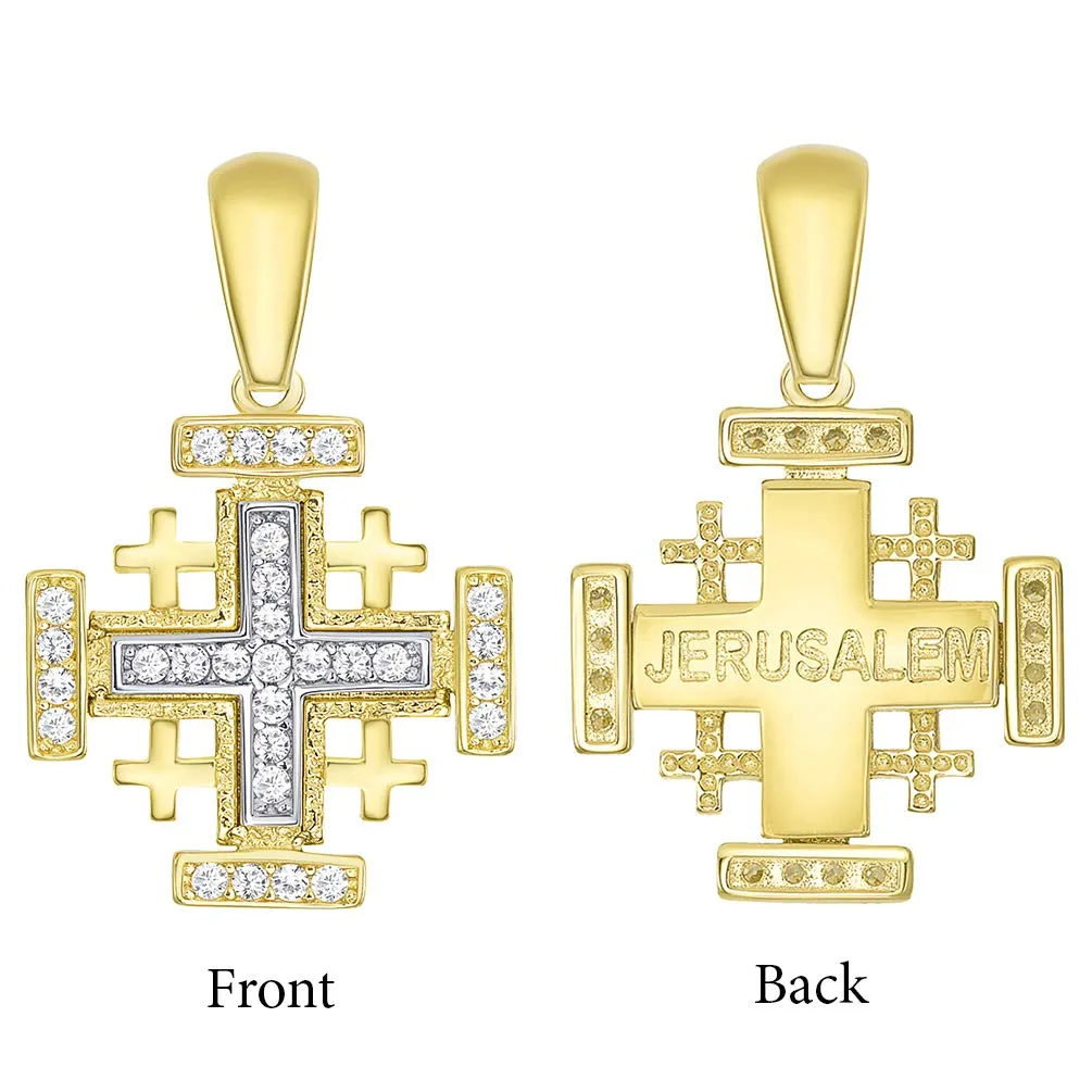 14k Solid Yellow Gold CZ Crusaders Jerusalem Cross Pendant Necklace Available with Rolo, Curb, or Figaro Chain