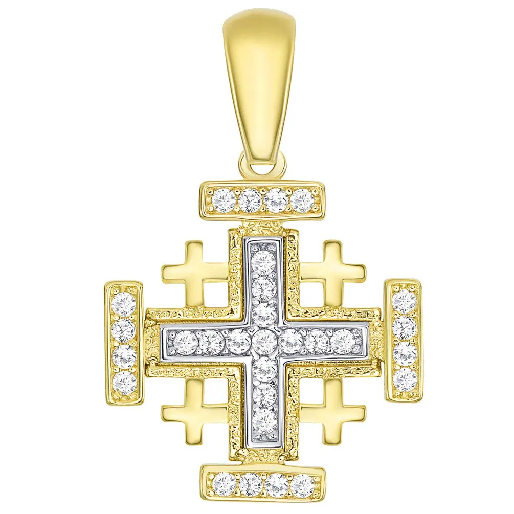 14k Solid Yellow Gold CZ Crusaders Jerusalem Cross Pendant Necklace Available with Rolo, Curb, or Figaro Chain