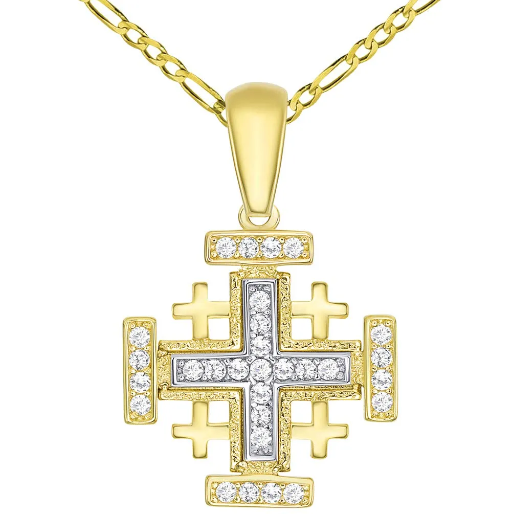 14k Solid Yellow Gold CZ Crusaders Jerusalem Cross Pendant Necklace Available with Rolo, Curb, or Figaro Chain