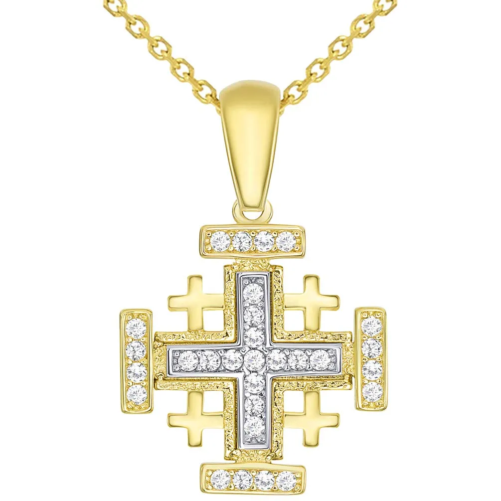 14k Solid Yellow Gold CZ Crusaders Jerusalem Cross Pendant Necklace Available with Rolo, Curb, or Figaro Chain