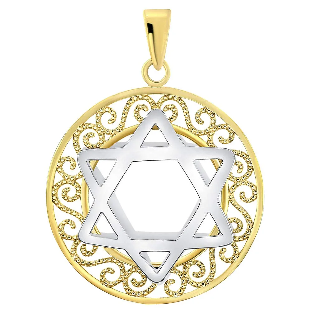 14k Two-Tone Gold 3D Filigree Jewish Star of David Medallion Pendant with Curb Chain Necklace