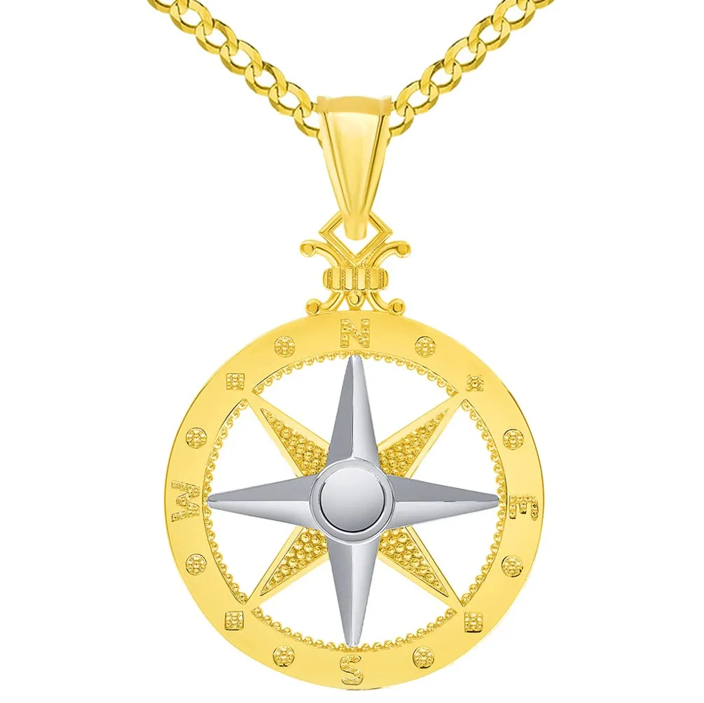 14k Two-Tone Gold Compass Wind Rose Pendant with Rolo Cable, Curb, or Figaro Chain Necklaces