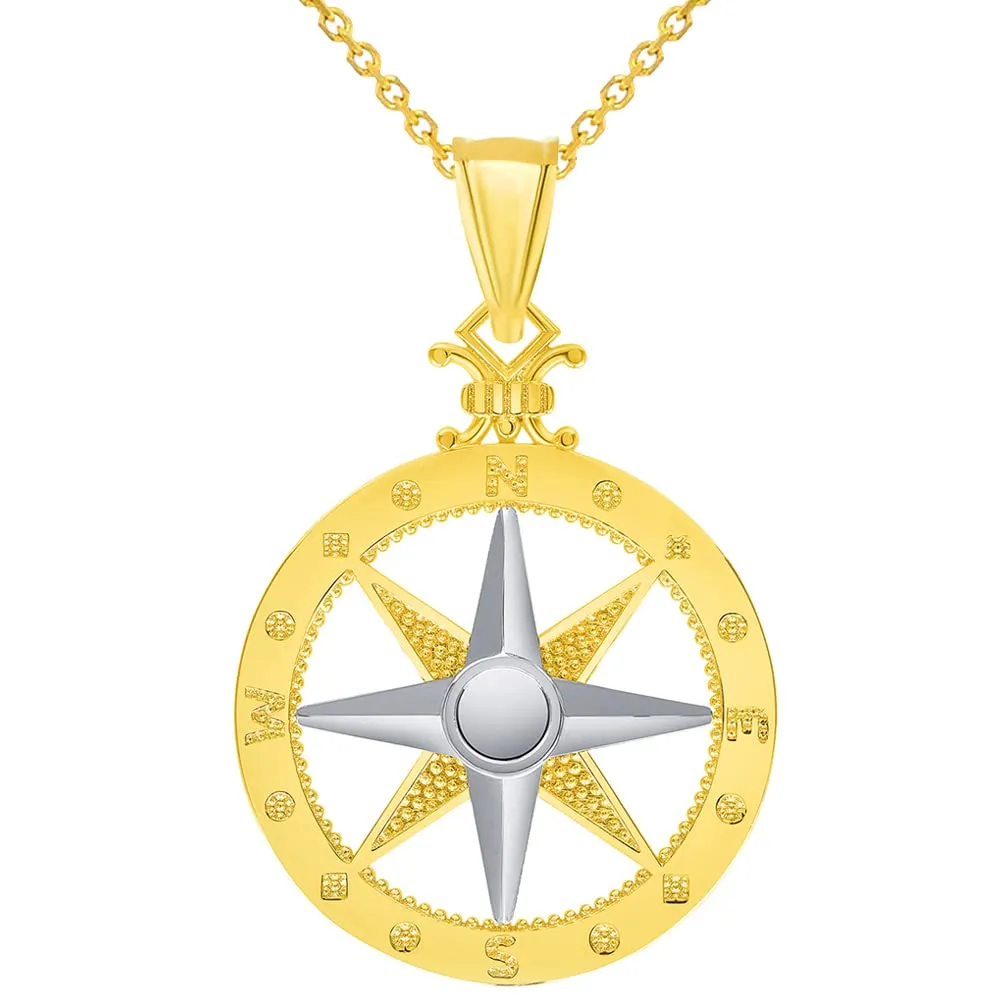 14k Two-Tone Gold Compass Wind Rose Pendant with Rolo Cable, Curb, or Figaro Chain Necklaces