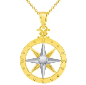 14k Two-Tone Gold Compass Wind Rose Pendant with Rolo Cable, Curb, or Figaro Chain Necklaces