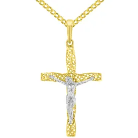 14K Two-Tone Gold Textured Spiral Tube Cross Crucifix Pendant with Cuban Chain Necklace