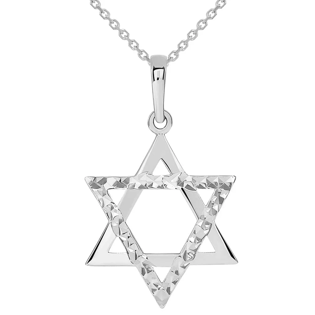 14k White Gold High Polished and Sparkle Cut Hebrew Star of David Pendant Necklace