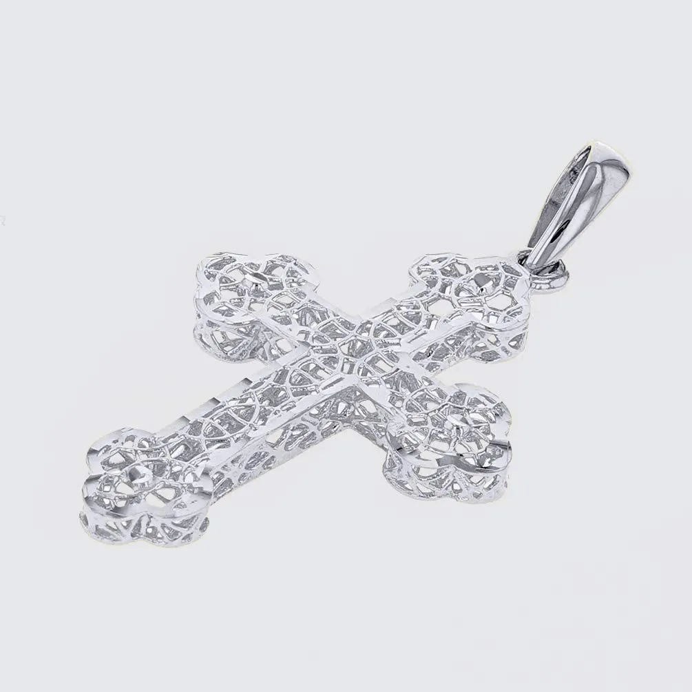 14k White Gold Textured Filigree Eastern Orthodox Cross Pendant