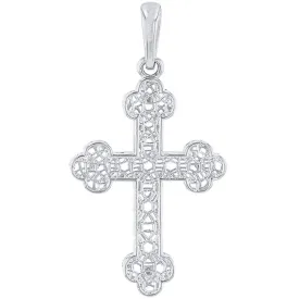 14k White Gold Textured Filigree Eastern Orthodox Cross Pendant