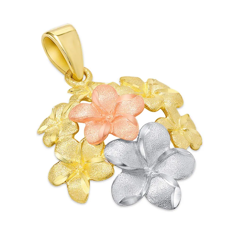 14k Yellow and Rose Gold Bouquet of Tri-Tone Hawaiian Plumeria Flower Pendant