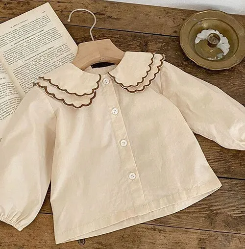 Beige Ruffle Collar Blouse and Skirt Romper Set