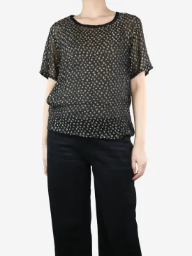 Black sheer lurex polka dot top - size UK 14