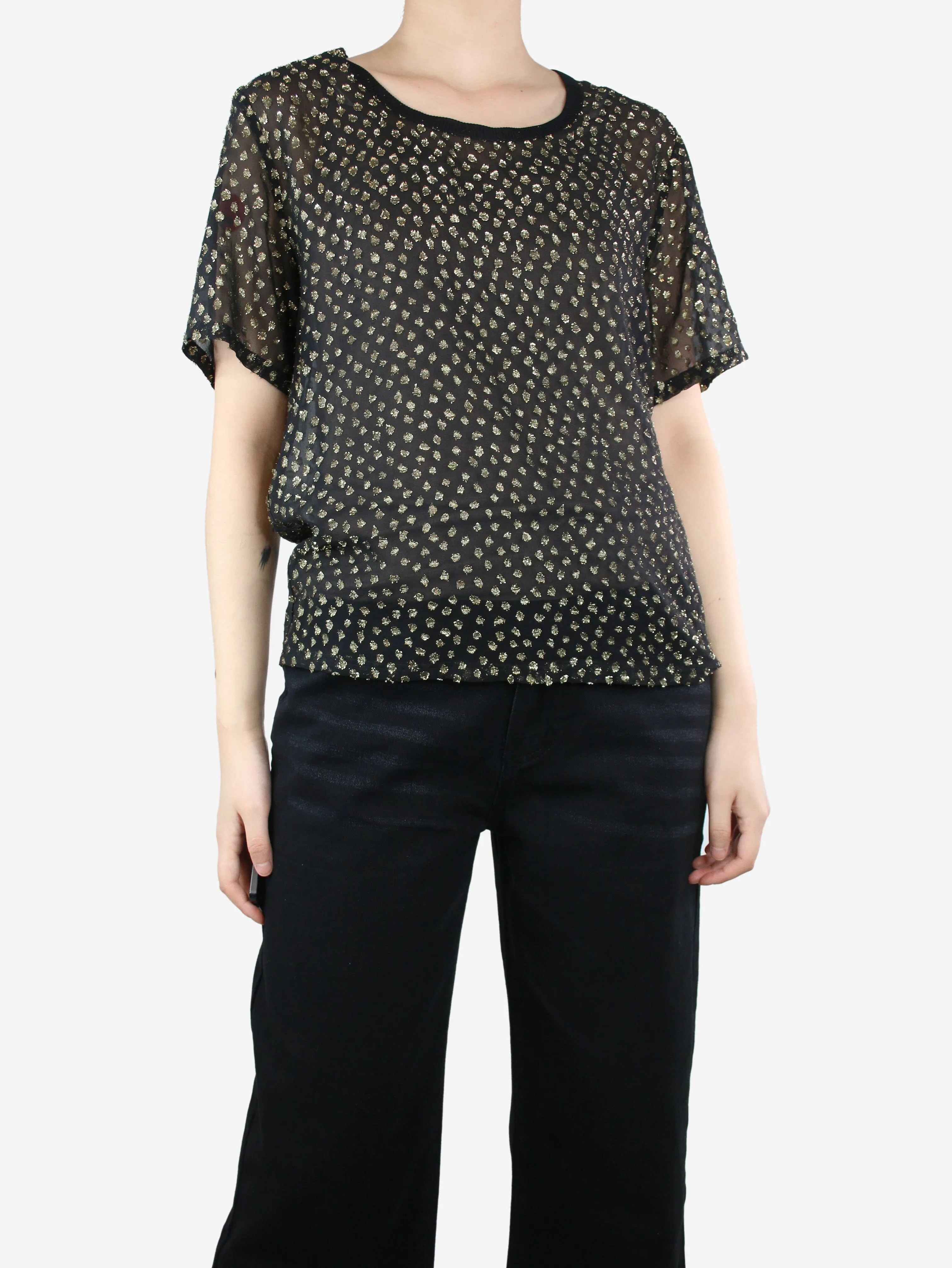 Black sheer lurex polka dot top - size UK 14