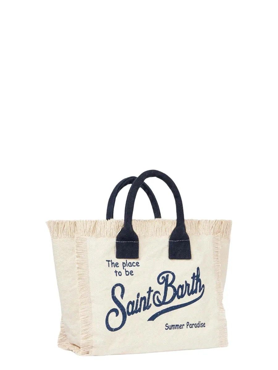 Borsa a Mano Colette in Tela Bianca con Logo Blu Navy