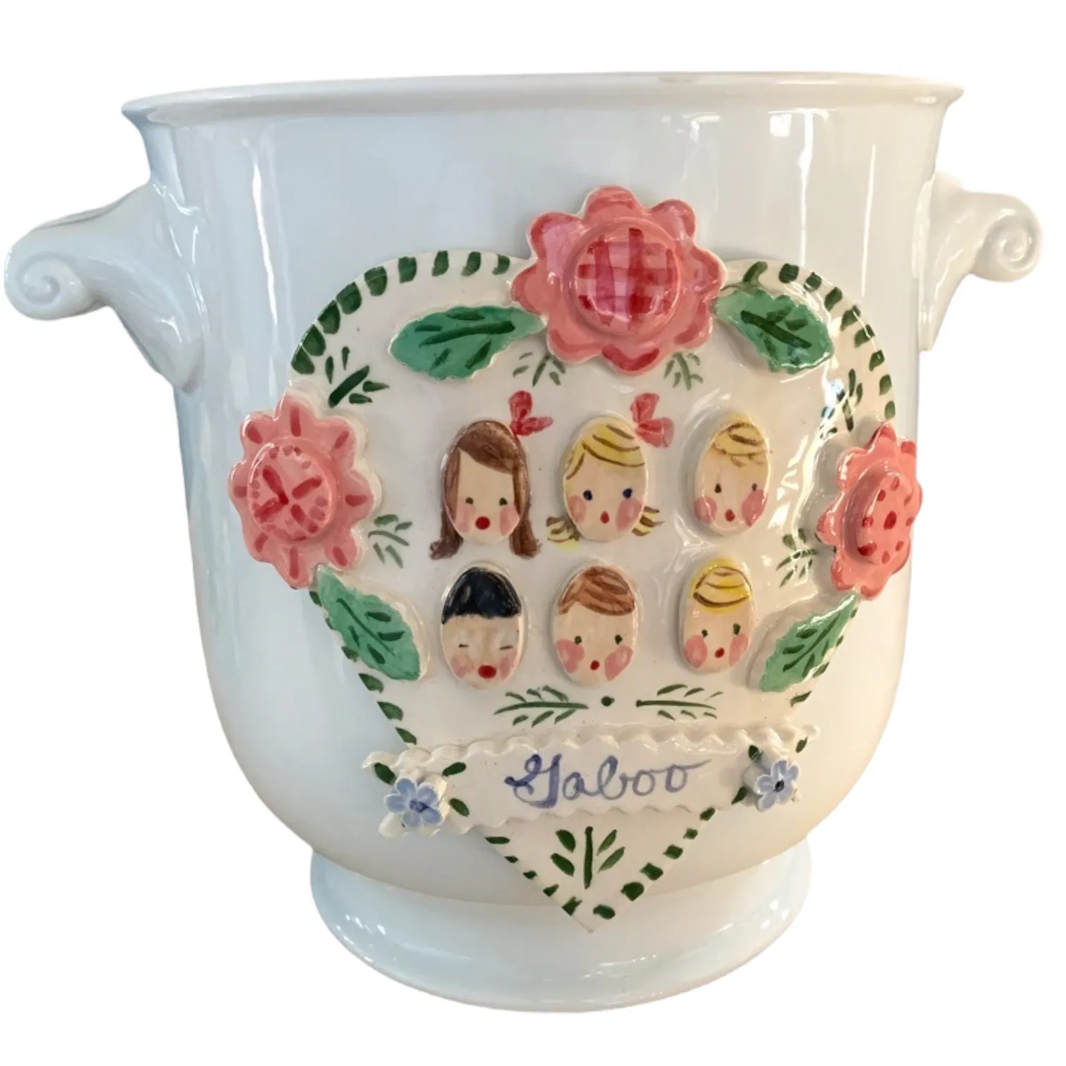 Cache Pot with Children's Faces - Pink Flowers and Heart