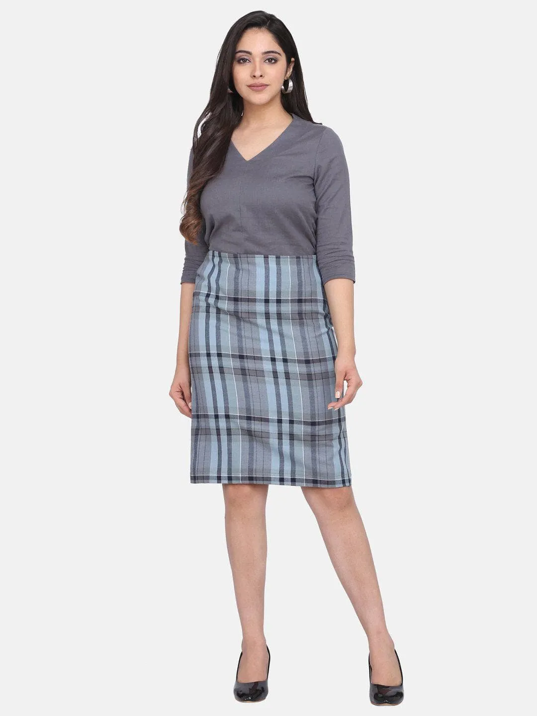 Checkered Straight Cotton Skirt - Grey