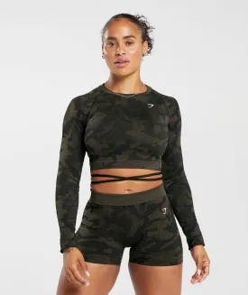 Gymshark Adapt Camo Seamless Ribbed Long Sleeve Crop Top - Black/Camo Brown