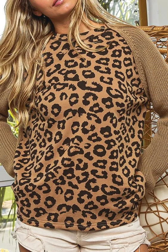 Leopard Print Raglan Sleeve Sweater Top- Latte