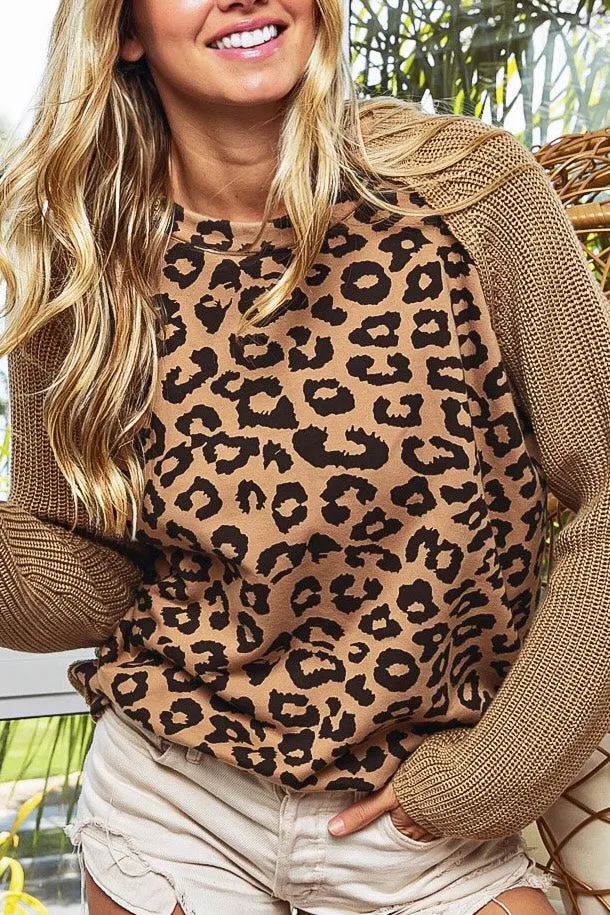 Leopard Print Raglan Sleeve Sweater Top- Latte