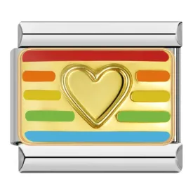 LGBTQ  Flag, Gold Heart, on Silver