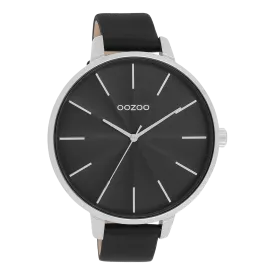 Silver coloured OOZOO watch with black leather strap - C11258