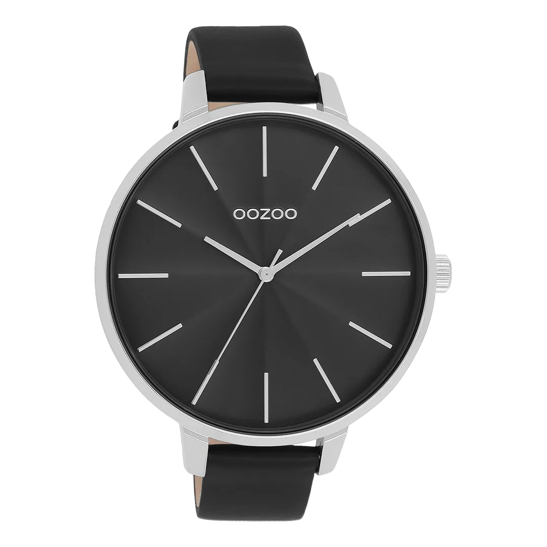 Silver coloured OOZOO watch with black leather strap - C11258