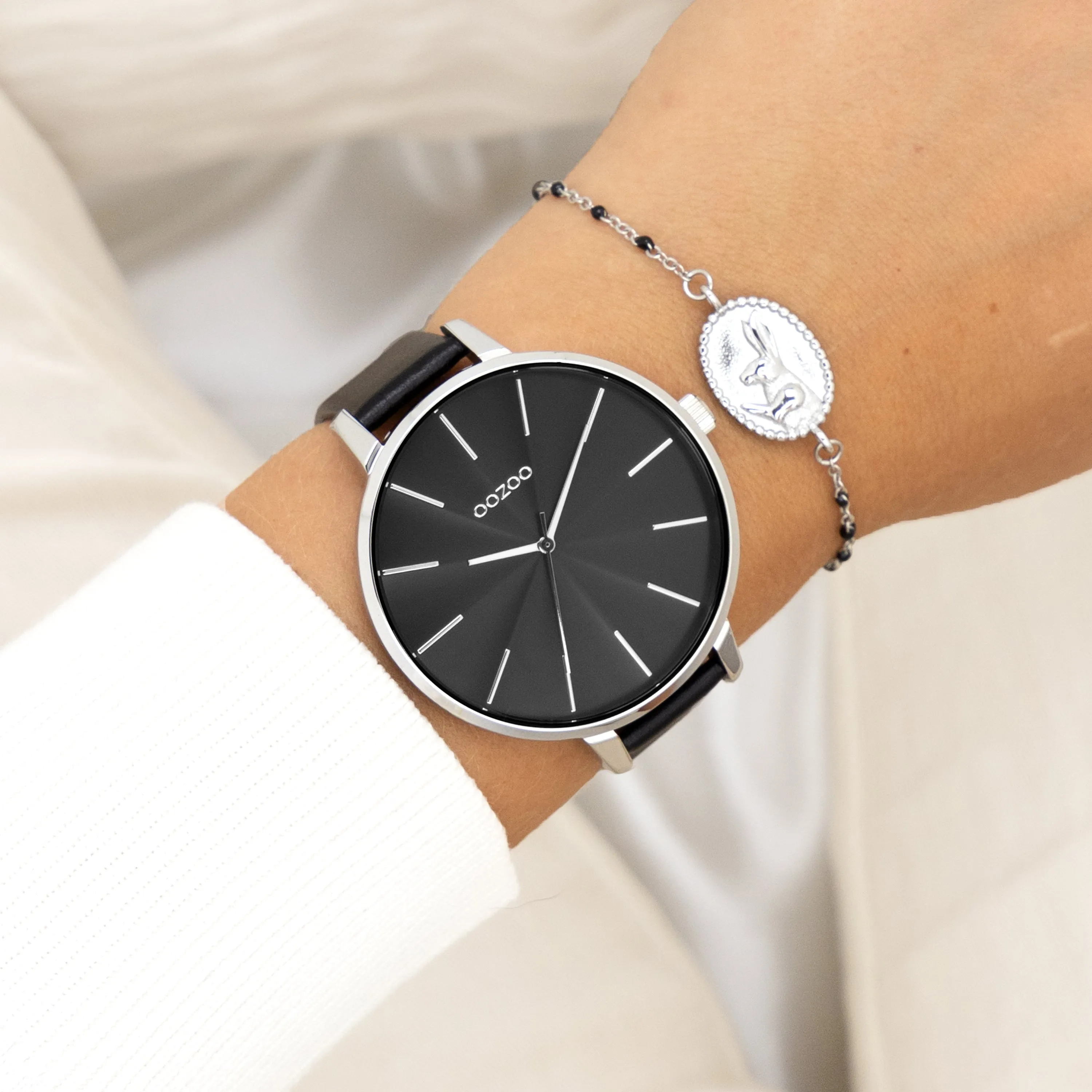 Silver coloured OOZOO watch with black leather strap - C11258