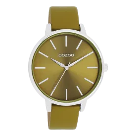 Silver coloured OOZOO watch with olive green leather strap - C11298