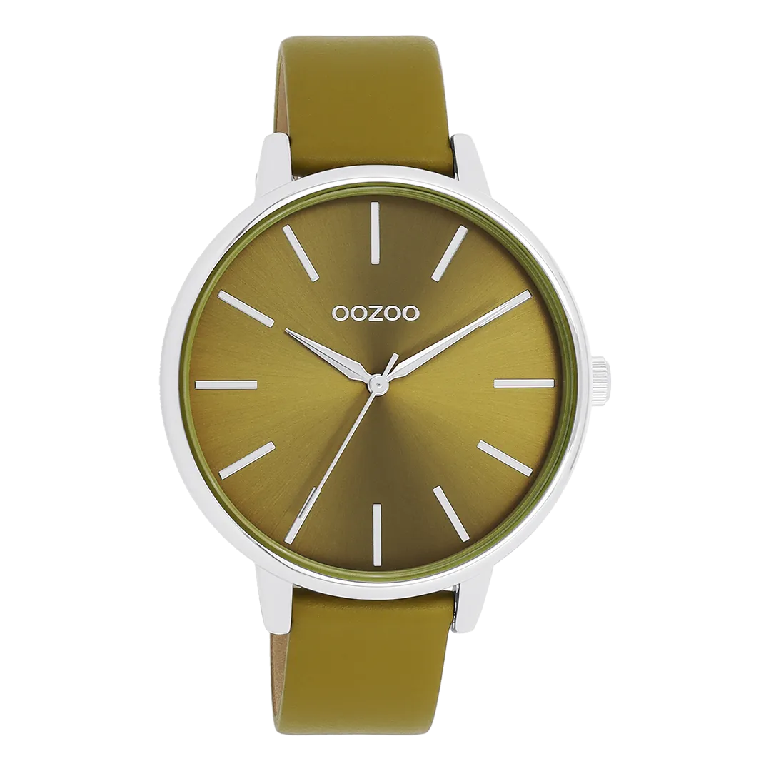 Silver coloured OOZOO watch with olive green leather strap - C11298