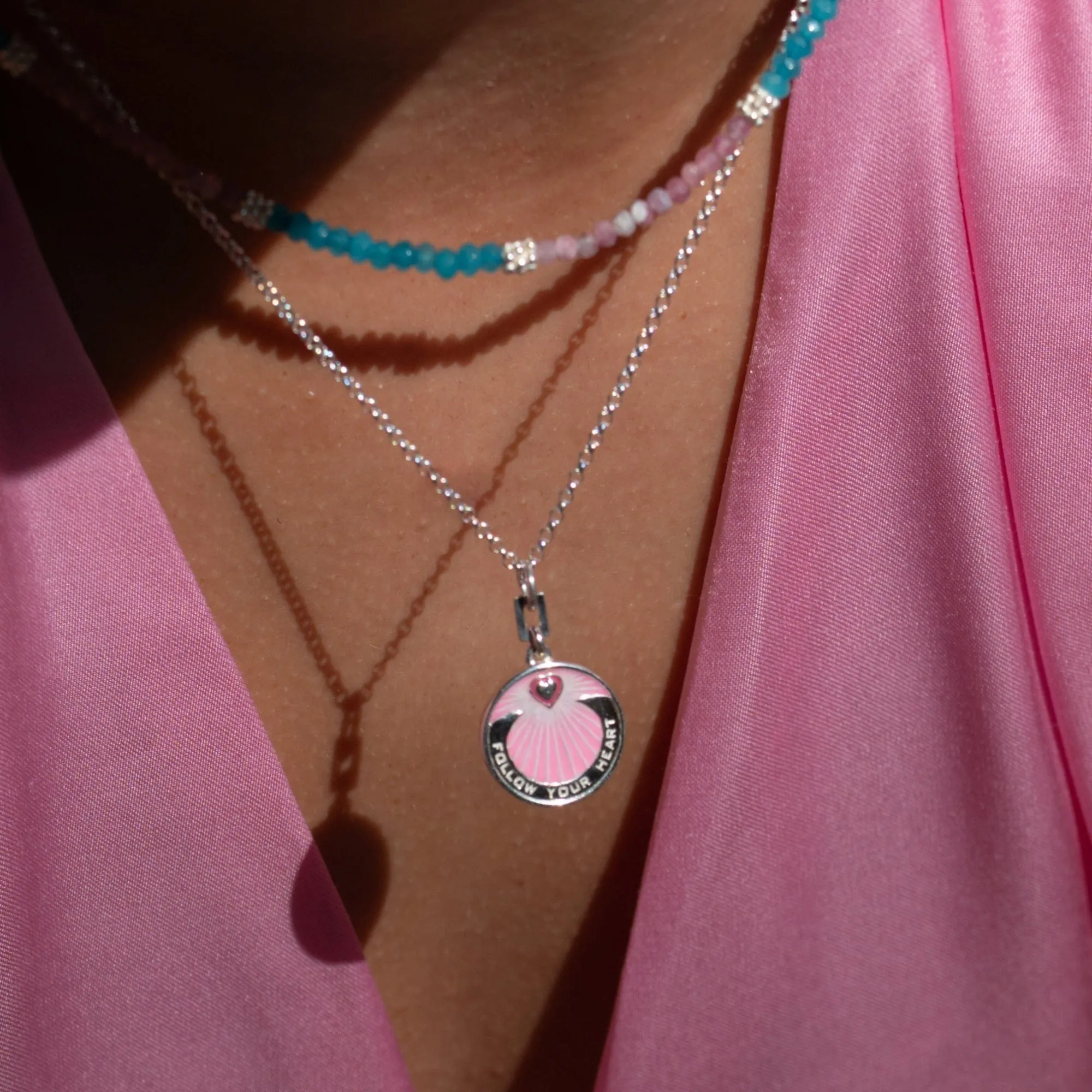 Silver Follow Your Heart Pink Coin Necklace