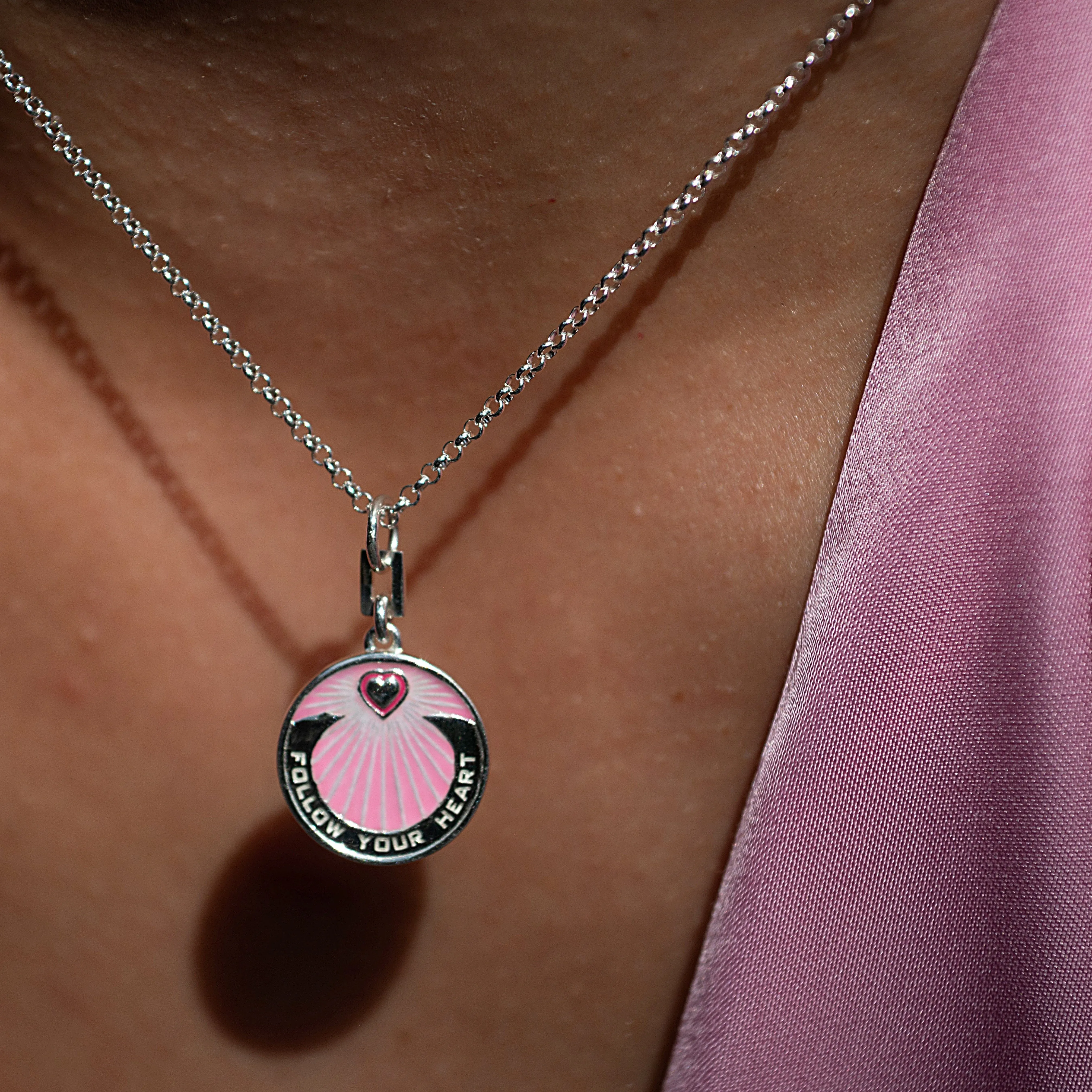 Silver Follow Your Heart Pink Coin Necklace