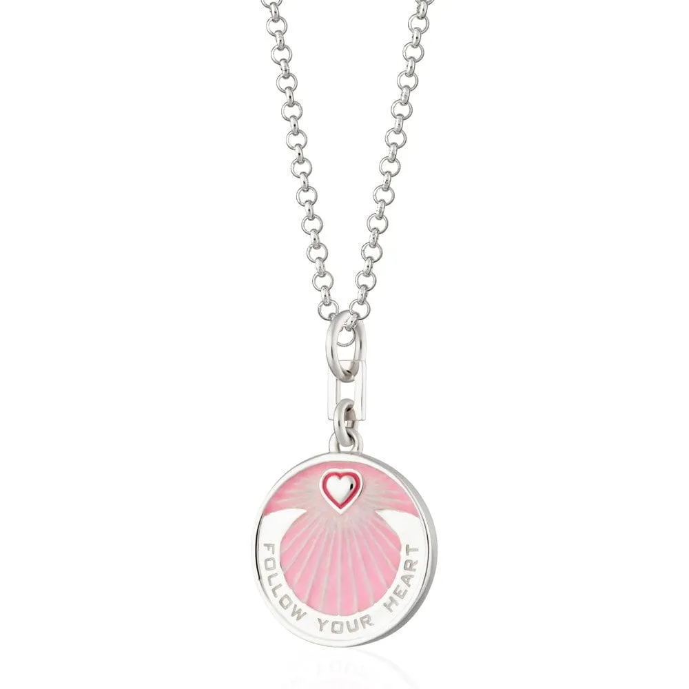 Silver Follow Your Heart Pink Coin Necklace