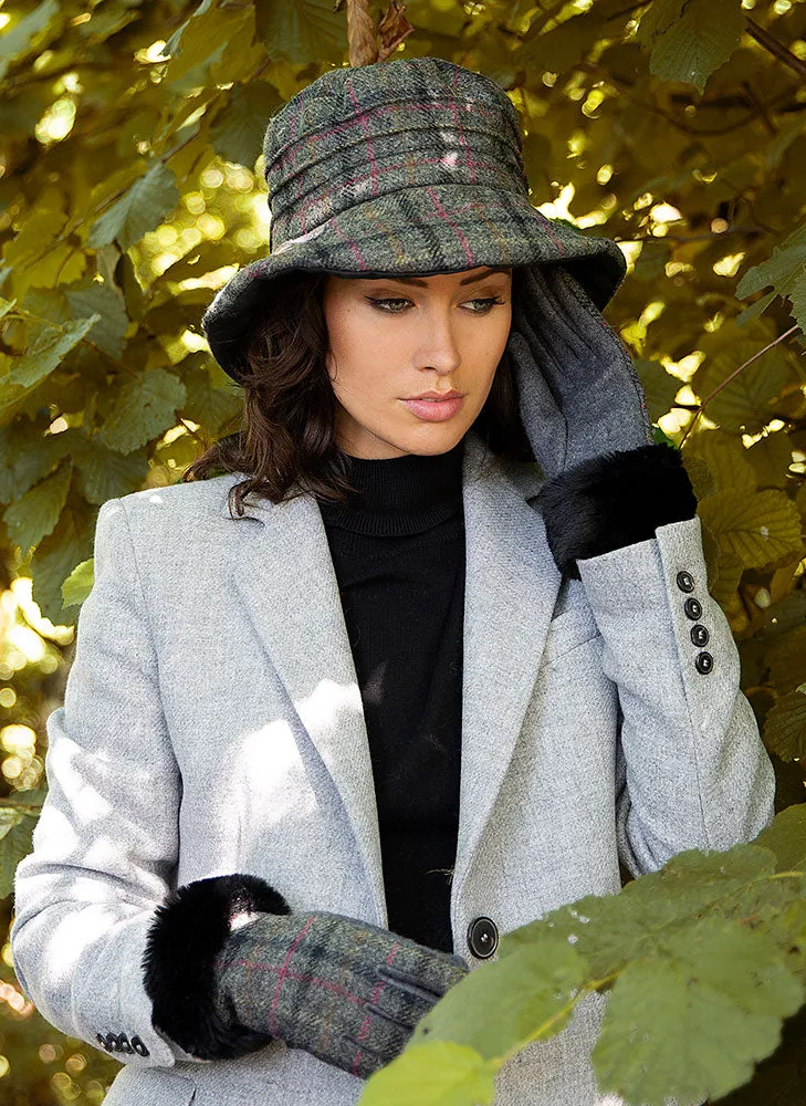 Women's Abraham Moon Tweed Check Bucket Hat with Bow Detail